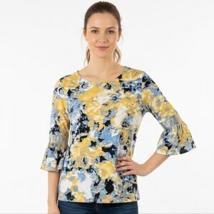 New Directions Women's Watercolor Floral Print Bell Sleeve Top Small